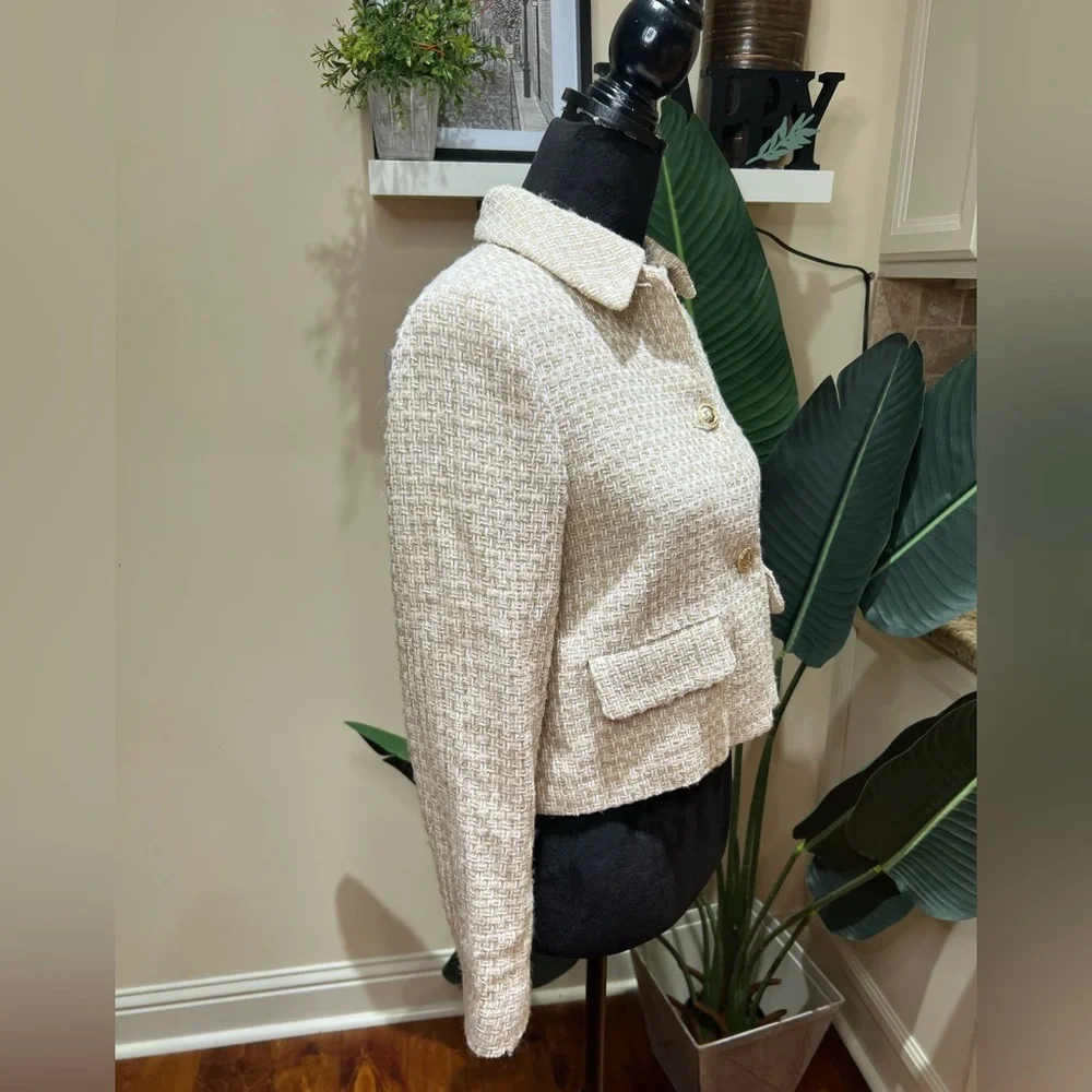 ZARA TWEED STRUCTURED SHORT BLAZER WOOL BLEND LIMITED EDITION -Tan Beige Small